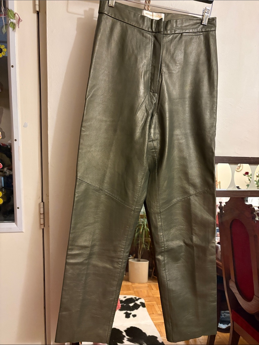 Olive Green Straight-Leg Leather Pants